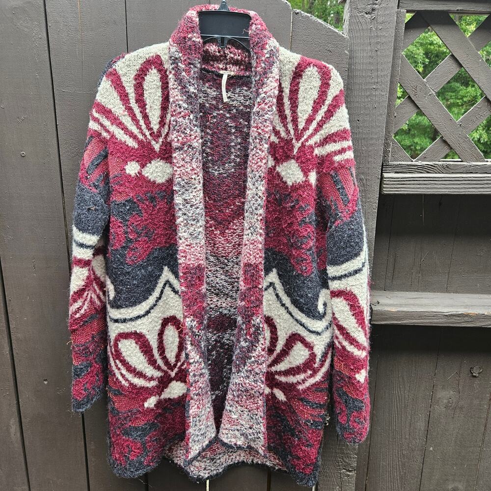 Free People knit warm cardigan burgundy maroon black white size S